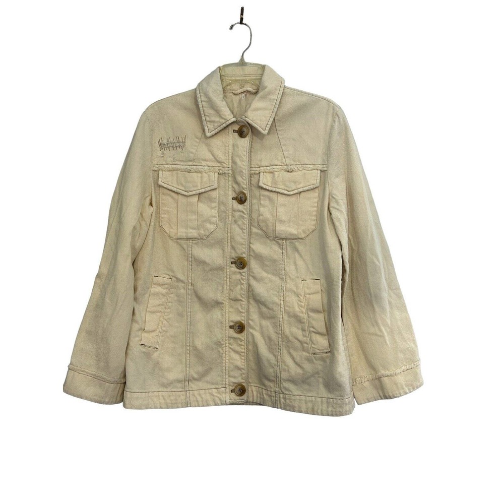 Free People Denim Jacket Long Trucker Wide Sleeves Oversize Distressed NWOT XS